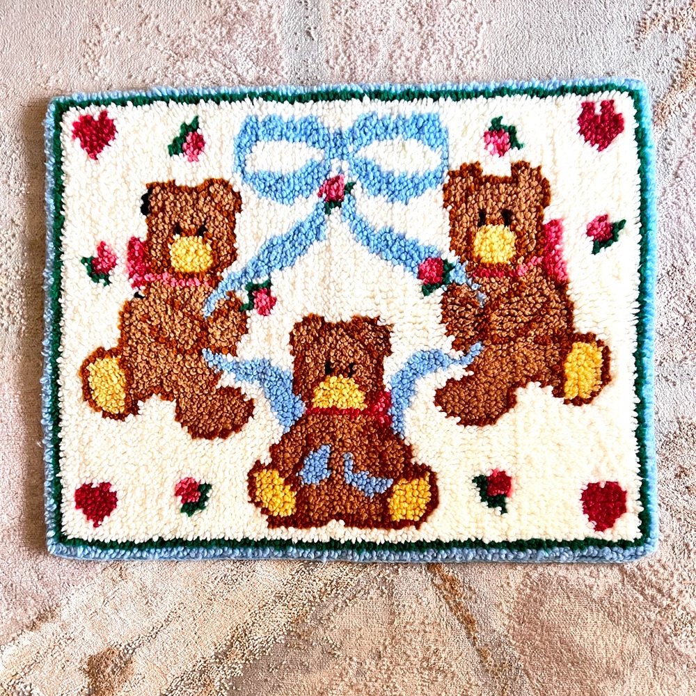 Vintage 70s Latch Hook Bears And Hearts Rug Wall Hanging Complete 22x29”